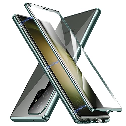 Jonwelsy Hülle für Samsung Galaxy S23 Ultra, 360 Grad Vorder- und Rückseite, klares gehärtetes Glas, vollständiger Schutz, Metallrahmen, Klapphülle für Samsung Galaxy S23U (grün) von Jonwelsy