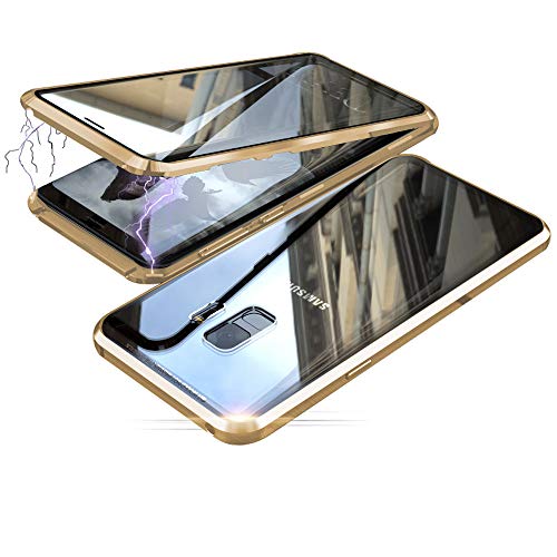 Jonwelsy Hülle für Samsung Galaxy S9, Magnetische Adsorption Metall Stoßstange Flip Cover mit 360 Grad Schutz Doppelte Seiten Transparent Gehärtetes Glas Handyhülle für Samsung S9 (Gold) von Jonwelsy