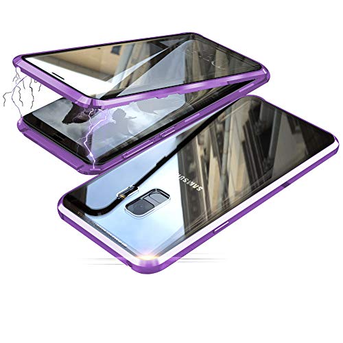 Jonwelsy Hülle für Samsung Galaxy S9, Magnetische Adsorption Metall Stoßstange Flip Cover mit 360 Grad Schutz Doppelte Seiten Transparent Gehärtetes Glas Handyhülle für Samsung S9 (Lila) von Jonwelsy