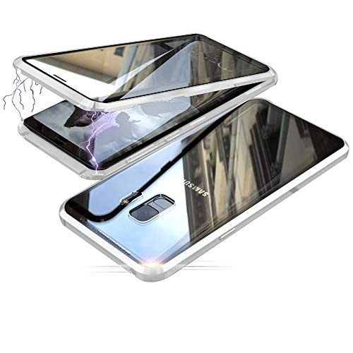 Jonwelsy Hülle für Samsung Galaxy S9, Magnetische Adsorption Metall Stoßstange Flip Cover mit 360 Grad Schutz Doppelte Seiten Transparent Gehärtetes Glas Handyhülle für Samsung S9 (Silber) von Jonwelsy