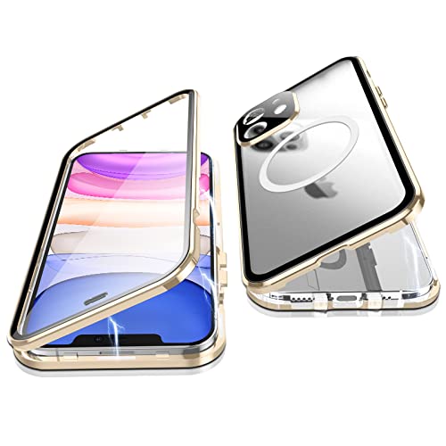 Jonwelsy Hülle für iPhone 11, 360 Grad Beidseitig Schutz Kompatibel mit Magsafe Magnetische Adsorption Metallrahmen Case Vorne Glas Hinten Frosted PC Cover Handyhülle für iPhone 11 6,1" (Gold) von Jonwelsy