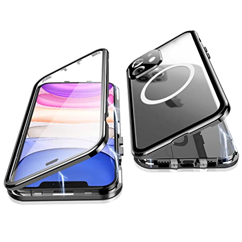 Jonwelsy Hülle für iPhone 11, 360 Grad Beidseitig Schutz Kompatibel mit Magsafe Magnetische Adsorption Metallrahmen Case Vorne Glas Hinten Frosted PC Cover Handyhülle für iPhone 11 6,1" (Schwarz) von Jonwelsy