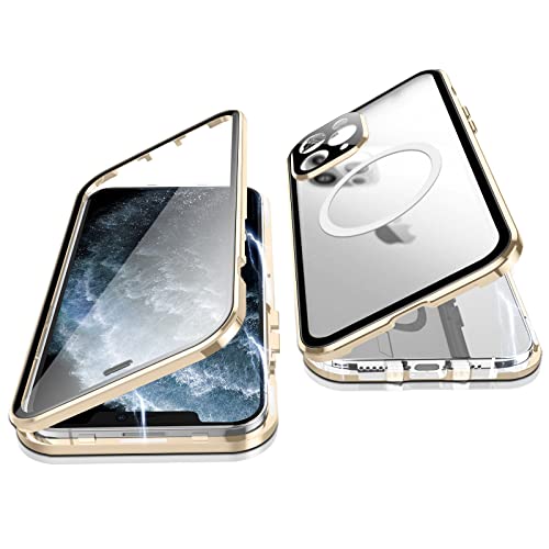 Jonwelsy Hülle für iPhone 11 Pro, 360 Grad Beidseitig Schutz Kompatibel mit Magsafe Magnetische Adsorption Metallrahmen Case Vorne Glas Hinten Frosted PC Cover Handyhülle für 11 Pro 5,8" (Gold) von Jonwelsy