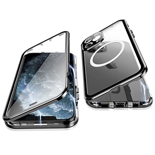 Jonwelsy Hülle für iPhone 11 Pro, 360 Grad Beidseitig Schutz Kompatibel mit Magsafe Magnetische Adsorption Metallrahmen Case Vorne Glas Hinten Frosted PC Cover Handyhülle für 11 Pro 5,8" (Schwarz) von Jonwelsy