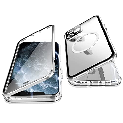 Jonwelsy Hülle für iPhone 11 Pro Max, 360 Grad Beidseitig Schutz Kompatibel mit Magsafe Magnetische Adsorption Metallrahmen Case Vorne Glas Hinten Frosted PC Cover Handyhülle für 11 Pro Max (Silber) von Jonwelsy