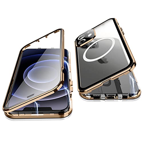 Jonwelsy Hülle für iPhone 12, 360 Grad Beidseitig Schutz Kompatibel mit Magsafe Magnetische Adsorption Metallrahmen Case Vorne Glas Hinten Frosted PC Cover Handyhülle für iPhone 12 6.1" (Gold) von Jonwelsy