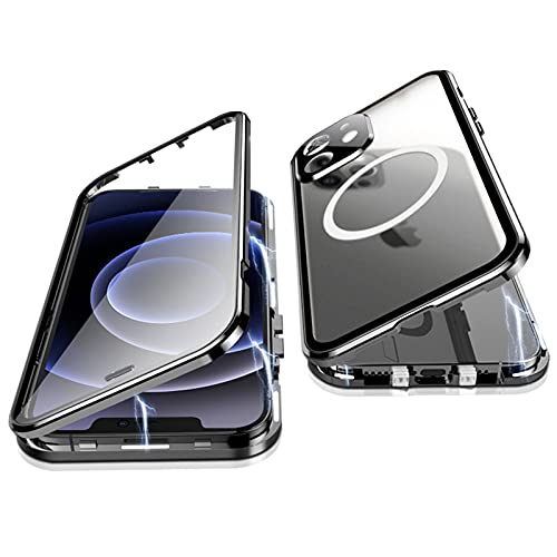 Jonwelsy Hülle für iPhone 12, 360 Grad Beidseitig Schutz Kompatibel mit Magsafe Magnetische Adsorption Metallrahmen Case Vorne Glas Hinten Frosted PC Cover Handyhülle für iPhone 12 6.1" (Schwarz) von Jonwelsy