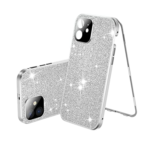 Jonwelsy Hülle für iPhone 12, Magnetische Adsorption Metall Stoßstange Flip Cover mit Objektivschutz 360 Grad Schutz Vorne Glas und Zurück Bling Handyhülle für iPhone 12 6,1" (Silber) von Jonwelsy