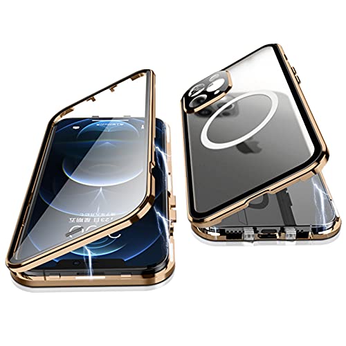 Jonwelsy Hülle für iPhone 12 Pro, 360 Grad Beidseitig Schutz Kompatibel mit Magsafe Magnetische Adsorption Metallrahmen Case Vorne Glas Hinten Frosted PC Cover Handyhülle für 12 Pro 6.1" (Gold) von Jonwelsy