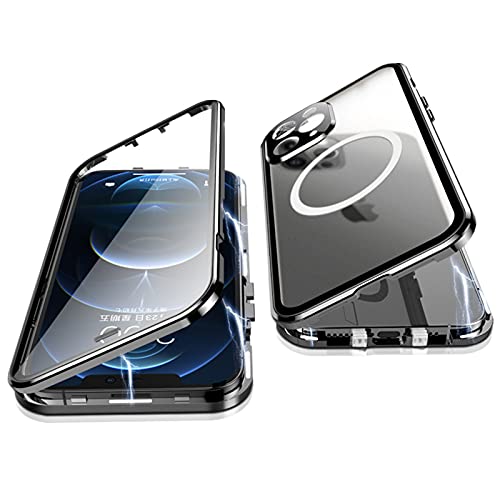 Jonwelsy Hülle für iPhone 12 Pro, 360 Grad Beidseitig Schutz Kompatibel mit Magsafe Magnetische Adsorption Metallrahmen Case Vorne Glas Hinten Frosted PC Cover Handyhülle für 12 Pro 6.1" (Schwarz) von Jonwelsy