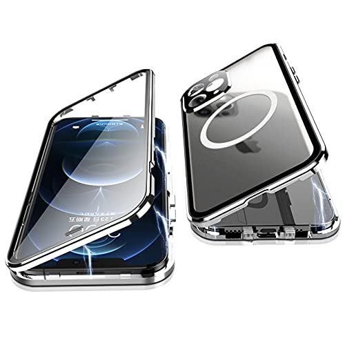 Jonwelsy Hülle für iPhone 12 Pro, 360 Grad Beidseitig Schutz Kompatibel mit Magsafe Magnetische Adsorption Metallrahmen Case Vorne Glas Hinten Frosted PC Cover Handyhülle für 12 Pro 6.1" (Silber) von Jonwelsy