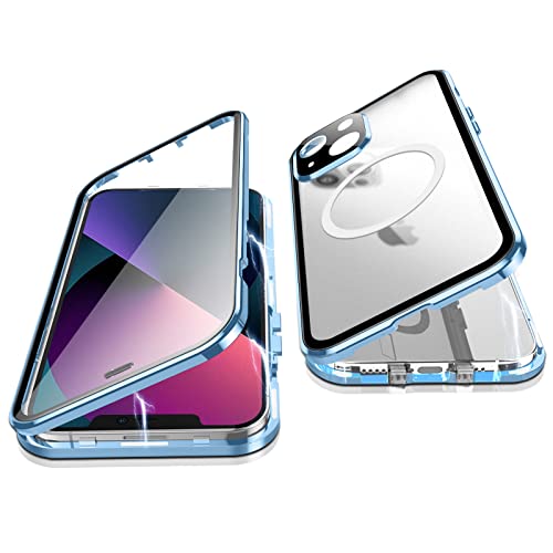 Jonwelsy Hülle für iPhone 13, 360 Grad Beidseitig Schutz Kompatibel mit Magsafe Magnetische Adsorption Metallrahmen Case Vorne Glas Hinten Frosted PC Cover Handyhülle für iPhone 13 6,1" (Blau) von Jonwelsy