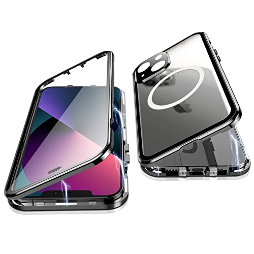 Jonwelsy Hülle für iPhone 13, 360 Grad Beidseitig Schutz Kompatibel mit Magsafe Magnetische Adsorption Metallrahmen Case Vorne Glas Hinten Frosted PC Cover Handyhülle für iPhone 13 6,1" (Schwarz) von Jonwelsy