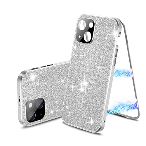 Jonwelsy Hülle für iPhone 13, Magnetische Adsorption Metall Stoßstange Flip Cover mit Objektivschutz 360 Grad Schutz Vorne Glas und Zurück Bling Handyhülle für iPhone 13 6,1" (Silber) von Jonwelsy