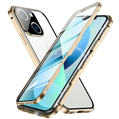 Jonwelsy Hülle für iPhone 13, magnetische Anziehungshülle 360 Grad vorne und hinten klar gehärtetes Glas Flip Cover Metall Bumper mit Objektivschutz Handyhülle für iPhone 13 6,1 Zoll (Gold) von Jonwelsy