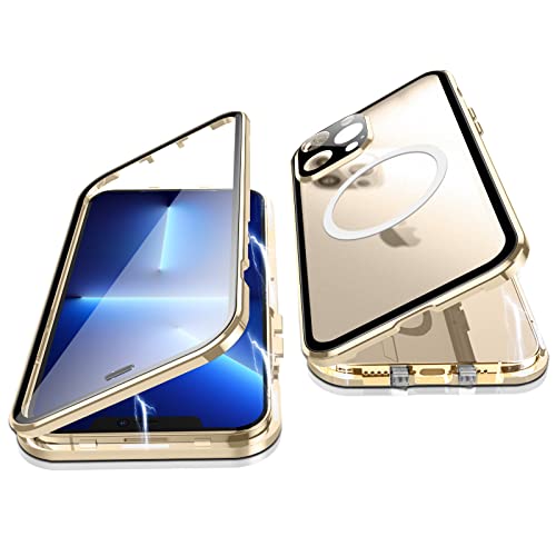 Jonwelsy Hülle für iPhone 13 Pro, 360 Grad Beidseitig Schutz Kompatibel mit Magsafe Magnetische Adsorption Metallrahmen Case Vorne Glas Hinten Frosted PC Cover Handyhülle für 13 Pro 6,1" (Gold) von Jonwelsy
