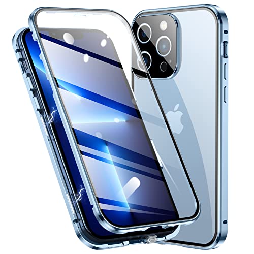 Jonwelsy Hülle für iPhone 13 Pro Max, Magnetische Adsorption Metall Stoßstange Flip Cover mit 360 Grad Schutz Doppelte Seiten Transparent Gehärtetes Glas Handyhülle für iPhone 13 Pro Max (Blau) von Jonwelsy