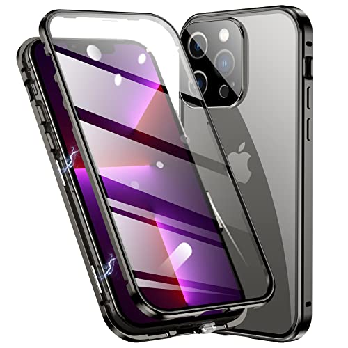 Jonwelsy Hülle für iPhone 13 Pro Max, Magnetische Adsorption Metall Stoßstange Flip Cover mit 360 Grad Schutz Doppelte Seiten Transparent Gehärtetes Glas Handyhülle für iPhone 13 Pro Max (Schwarz) von Jonwelsy