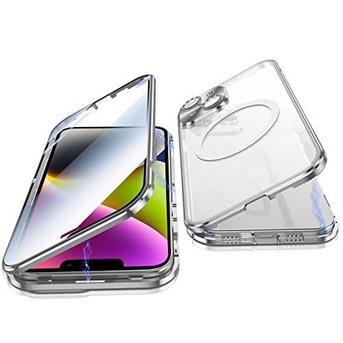 Jonwelsy Hülle für iPhone 14, 360 Grad Beidseitig Schutz Kompatibel mit Magsafe Magnetische Adsorption Metallrahmen Case Vorne Glas Hinten Frosted PC Cover Handyhülle für iPhone 14 6,1" (Silber) von Jonwelsy