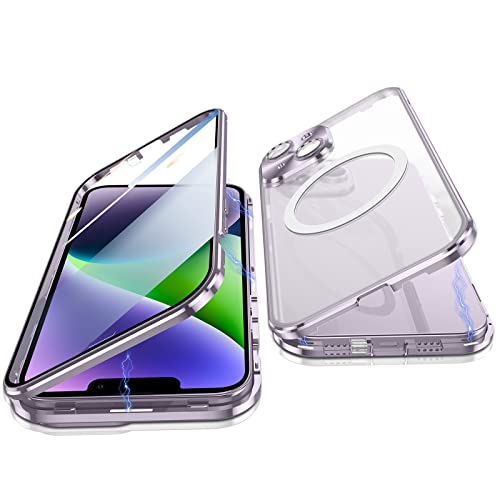 Jonwelsy Hülle für iPhone 14 Plus, 360 Grad Beidseitig Schutz Kompatibel mit Magsafe Magnetische Adsorption Metallrahmen Case Vorne Glas Hinten Frosted PC Cover Handyhülle für 14 Plus 6,7" (Violett) von Jonwelsy