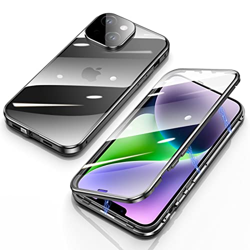 Jonwelsy Hülle für iPhone 14 Plus, Magnetische Adsorption Metall Stoßstange Flip Cover mit 360 Grad Schutz Doppelte Seiten Transparent Gehärtetes Glas Handyhülle für iPhone 14 Plus (6,7") (Schwarz) von Jonwelsy