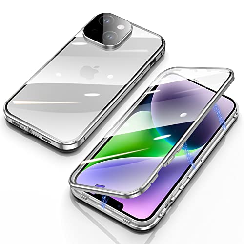 Jonwelsy Hülle für iPhone 14 Plus, Magnetische Adsorption Metall Stoßstange Flip Cover mit 360 Grad Schutz Doppelte Seiten Transparent Gehärtetes Glas Handyhülle für iPhone 14 Plus (6,7") (Silber) von Jonwelsy