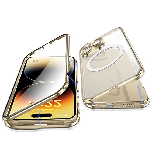 Jonwelsy Hülle für iPhone 14 Pro, 360 Grad Beidseitig Schutz Kompatibel mit Magsafe Magnetische Adsorption Metallrahmen Case Vorne Glas Hinten Frosted PC Cover Handyhülle für 14 Pro 6,1" (Gold) von Jonwelsy