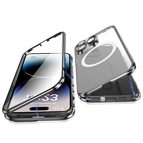 Jonwelsy Hülle für iPhone 14 Pro, 360 Grad Beidseitig Schutz Kompatibel mit Magsafe Magnetische Adsorption Metallrahmen Case Vorne Glas Hinten Frosted PC Cover Handyhülle für 14 Pro 6,1" (Schwarz) von Jonwelsy