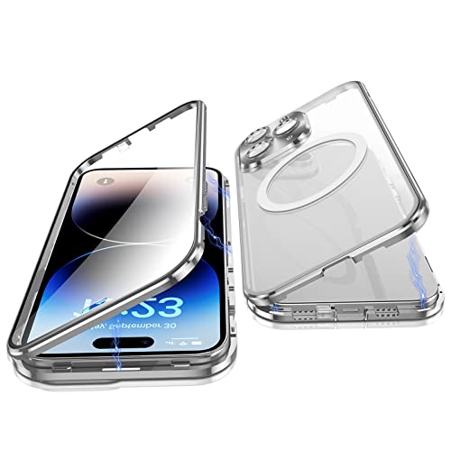 Jonwelsy Hülle für iPhone 14 Pro, 360 Grad Beidseitig Schutz Kompatibel mit Magsafe Magnetische Adsorption Metallrahmen Case Vorne Glas Hinten Frosted PC Cover Handyhülle für 14 Pro 6,1" (Silber) von Jonwelsy