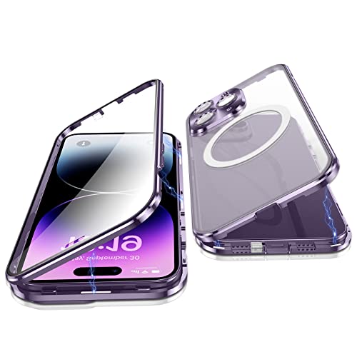 Jonwelsy Hülle für iPhone 14 Pro, 360 Grad Beidseitig Schutz Kompatibel mit Magsafe Magnetische Adsorption Metallrahmen Case Vorne Glas Hinten Frosted PC Cover Handyhülle für 14 Pro 6,1" (Violett) von Jonwelsy