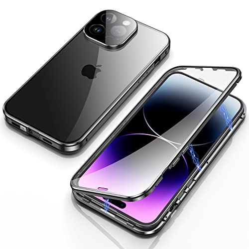 Jonwelsy Hülle für iPhone 14 Pro, Magnetische Adsorption Metall Stoßstange Flip Cover mit 360 Grad Schutz Doppelte Seiten Transparent Gehärtetes Glas Handyhülle für iPhone 14 Pro (6,1") (Schwarz) von Jonwelsy