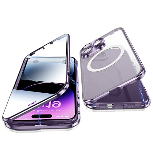 Jonwelsy Hülle für iPhone 14 Pro Max, 360 Grad Beidseitig Schutz Kompatibel mit Magsafe Magnetische Adsorption Metallrahmen Case Vorne Glas Hinten Frosted PC Cover Handyhülle für 14 Pro Max (Violett) von Jonwelsy