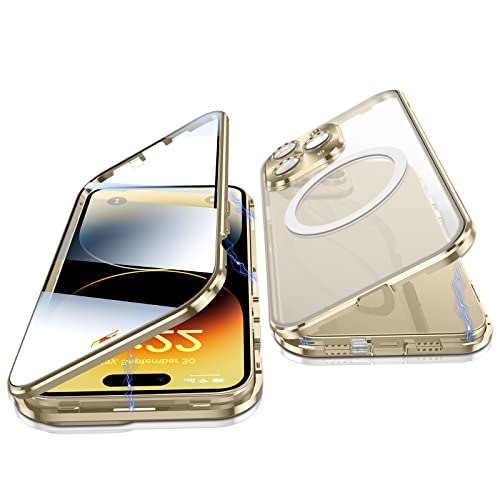 Jonwelsy Hülle für iPhone 14 Pro Max, 360 Grad Beidseitig Schutz Kompatibel mit Magsafe Magnetische Adsorption Metallrahmen Case Vorne Glas Hinten Frosted PC Cover Handyhülle für 14 Pro Max (Gold) von Jonwelsy