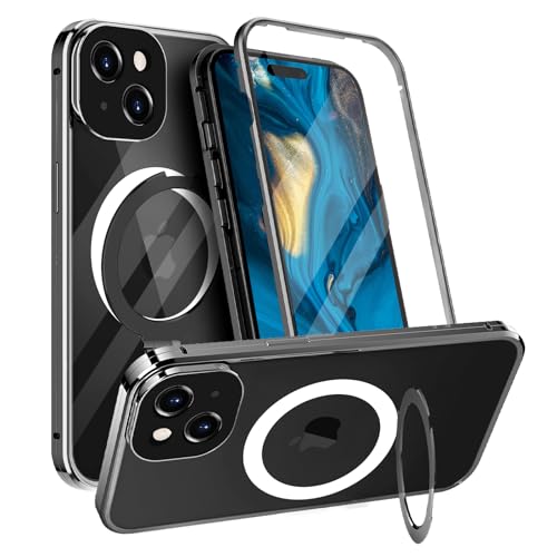 Jonwelsy Hülle für iPhone 15 mit unsichtbarem Ständer Magnetring [Kompatibel mit Magsafe] 360 Grad Schutz vorne und hinten Stoßfest Cover für iPhone 15 (6,1 Zoll) (Schwarz) von Jonwelsy