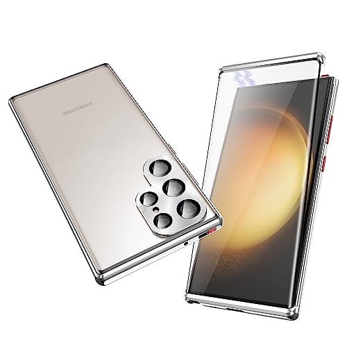 Jonwelsy Schutzhülle für Samsung Galaxy S23 Ultra, magnetische Adsorption, Aluminiumlegierung, Vorderseite, transparentes Hartglas und Rückseite für Galaxy S23U (Silber) von Jonwelsy