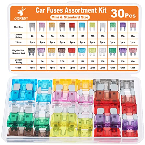 JOREST 30Pcs Kfz Sicherung Set, 15 Mini Flachsicherungen Auto + 15 Standard sicherungen kfz - für PKW/Wohnmobil/LKW/Motorrad (2 Ampere 3A 5A 7.5A 10A 15A 20A 25A 30A 35A 40A) von Jorest