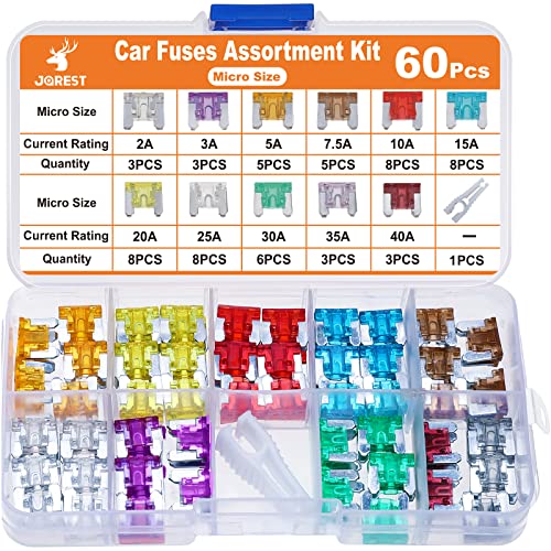 JOREST 60Pcs Kfz Sicherungen Set - Auto Sicherungen für PKW/Wohnmobil/LKW (2 Ampere 3A 5A 7.5A 10A 15A 20A 25A 30A 35A 40A) - Micro Flachsicherungen (Niedriges Profil Sicherungen) +1 Sicherungszieher von Jorest