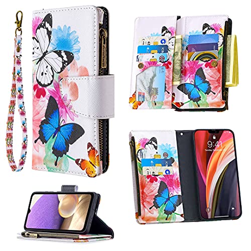 Jorisa Brieftasche Hülle für Samsung Galaxy S21 5G,Mädchen Frauen Leder Reißverschluss Geldbörse Magnetisch Handyhülle mit 9 Kartenfächer,Standfunktion,Handschlaufe-Bunt Schmetterling von Jorisa