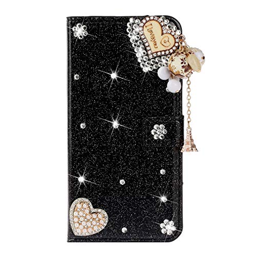 Jorisa Glitzer Brieftasche Hülle Kompatibel mit Samsung Galaxy S8,Funkeln Diamant Strass Leder Kartenhalter Handytasche,Flip Magnetisch Stand Hülle mit Quaste Anhänger,Liebesherz Schwarz von Jorisa