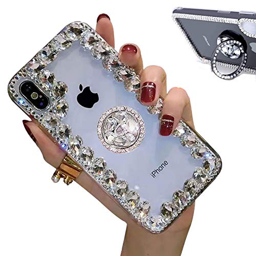 Jorisa Glitzer Diamant Hülle Kompatibel mit iPhone 12 Mini 5.4 Zoll,Bling Funkeln Glänzend Kristall Strass mit Ring Stand Klar Transparent Silikon Mädchen Frauen Handyhülle,Kristall von Jorisa