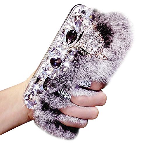 Jorisa Plüsch Hülle für Samsung Galaxy S20 FE,Niedlich Glitzer Diamant 3D Fuchs Warm Kaninchen Pelz Flauschige Haar Handyhülle Glänzend Transparent Strass Weich Silikon Hülle,Grau von Jorisa