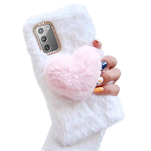 Jorisa Weich Plüsch Hülle für Samsung Galaxy A32 5G,Niedlich Kaninchen Pelz Flauschige 3D Liebe Herz Winter Warm Mädchen Frauen Handyhülle Süß Hasenhaar Glitzer Diamant Silikon Hülle,Weiß + Rosa von Jorisa