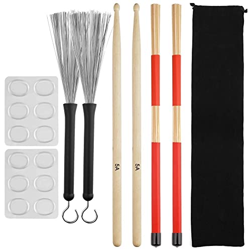Josenidny Drum Sticks Set, 5A Ahornholz Drum Sticks,Drum Rods Brushes,Retractable Drum Wire Brushes,Drum Dampeners with Bag von Josenidny