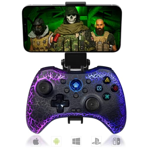 Joso Gamepad für PC, Android, iOS mit Telefonhalterung, Wireless Controller für N-Switch, PS4, PS3, mit Vibration, Turbo, Rücktasten, Riss-Design und LED-Licht, Direktlesung von Joso