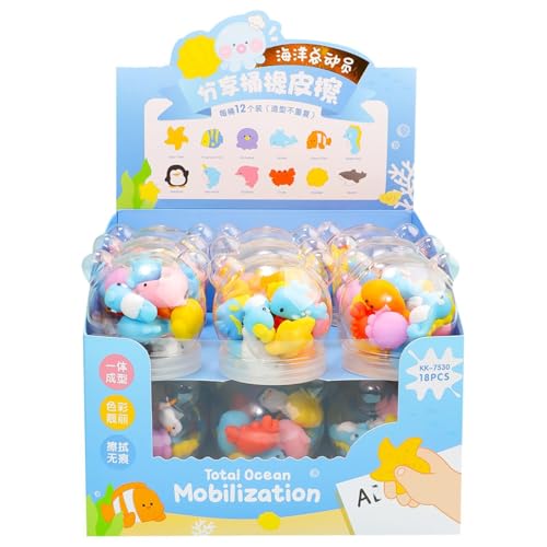 1 Eimer mit 12 Stück Ozean-Tier-förmigen Eimer-Radiergummis, 3D-Mini-Radiergummi, 3D-Ozean-Gummi (12 Stück in 1 Eimer) von Joucien