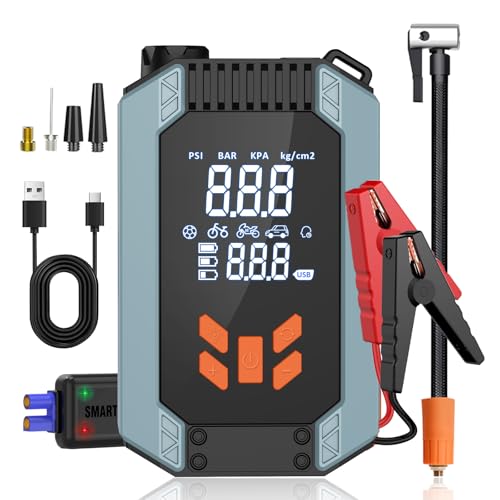 Journeyside Starthilfe Powerbank 12V, Auto Starthilfe mit Luftkompressor Akku, 7200mAh Autobatterie Booster (Bis Zu 5,0L Benzin Oder 3,0L Diesel) mit Intelligenten Sicherheitsklemmen und Notlicht von Journeyside