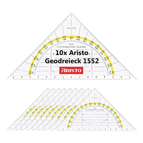 Aristo AR1552 Geodreieck (Hypotenuse 16 cm, Tuschenoppen, Facette an der Hypotenuse, Plexiglas mit Tiefenprägung, Made in Austria) transparent, 10 Stück von Aristo