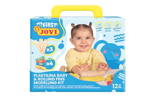 Jovi Babyknete – Mein erstes Modellierset, 38 g, 4 Farben (blau, rot, grün und gelb) + 3 Holzrollen, glutenfrei, trocknet nicht aus, für Kinder ab 12 Monaten (374RP) von Jovi