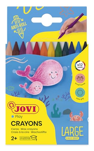 Jovi Wachsmalstifte Plasticolor, 6-kant Form, ab 3 Jahren, geruchlos, leicht auswaschbar, bruchsicher, radierbar, 12 Farben in einer Schachtel von Jovi