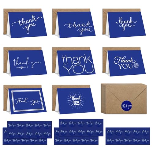 Joy & Inspiration 48 Stück Dankeskarten mit Umschlägen Blau Thank You Cards mit Aufklebe Danke Karte 10 x 7.5 cm für Geschäft Hochzeit Geburtstag Kommunion von Joy & Inspiration
